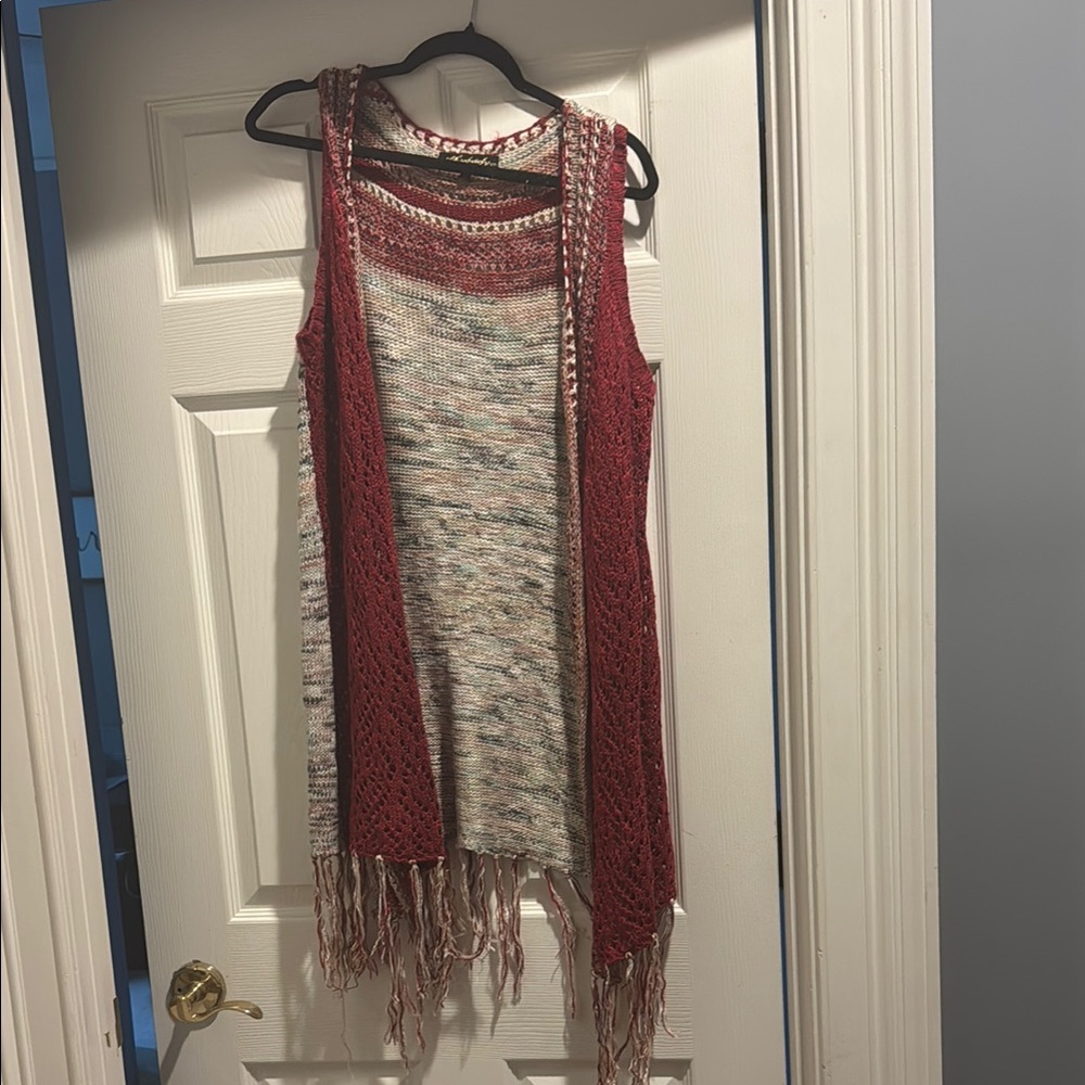 Absolutely Famous Red and Gray Cape with Fringe